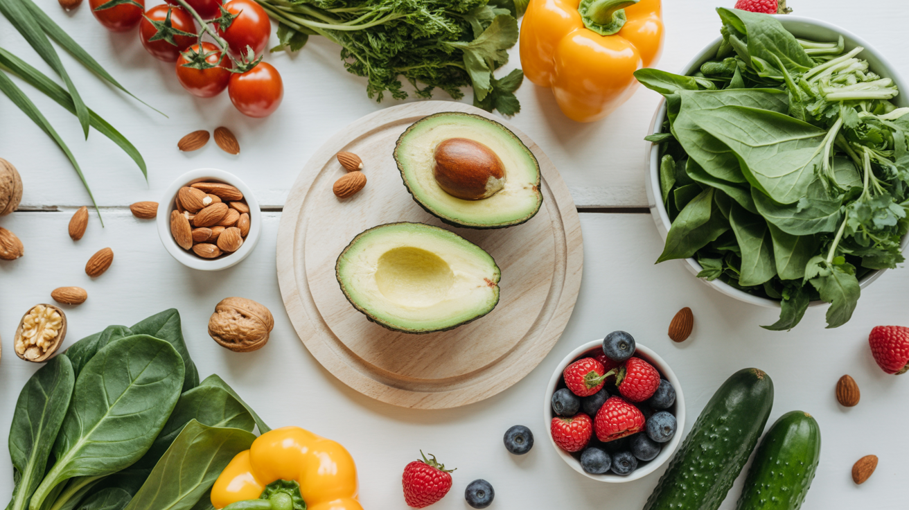 Alimentos saudáveis e frescos dispostos em uma mesa